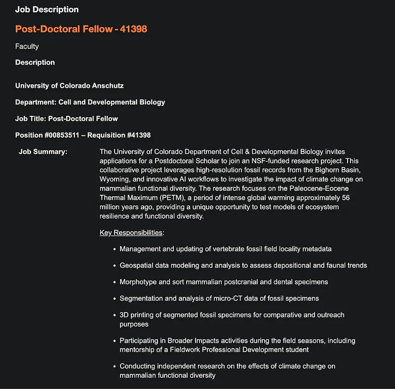 Postdoctoral Opportunity: Post-Doctoral Fellow in Paleontology, Climate Change & AI – University of Colorado Anschutz