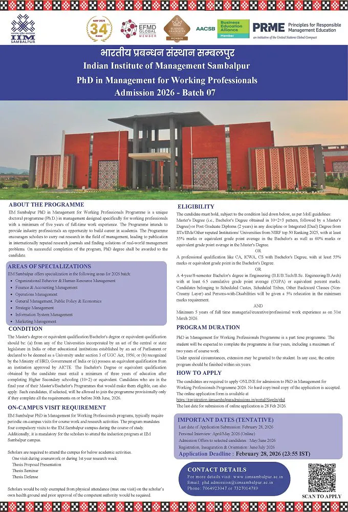PhD in Management for Working Professionals – Admission 2026 | IIM Sambalpur