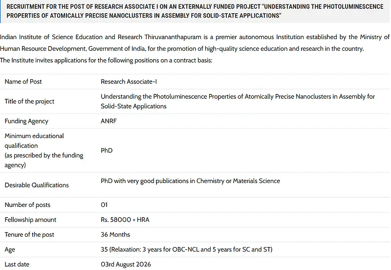 IISER Thiruvananthapuram Research Associate-I Recruitment 2026
