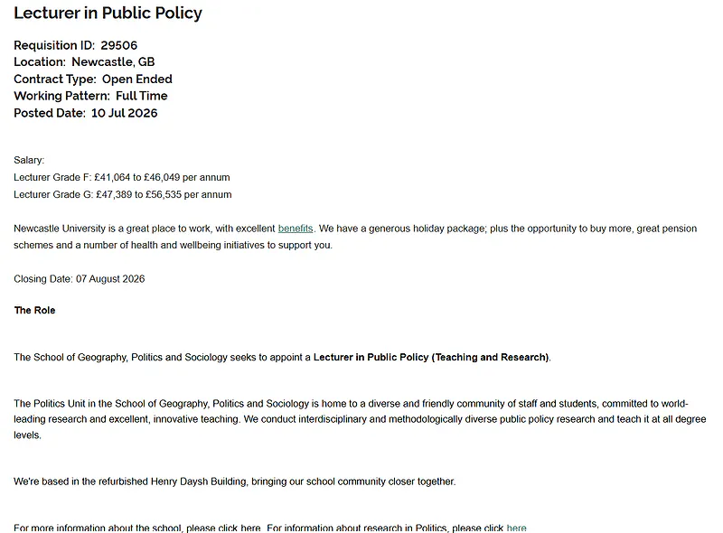 Newcastle University Lecturer Recruitment 2026: Public Policy