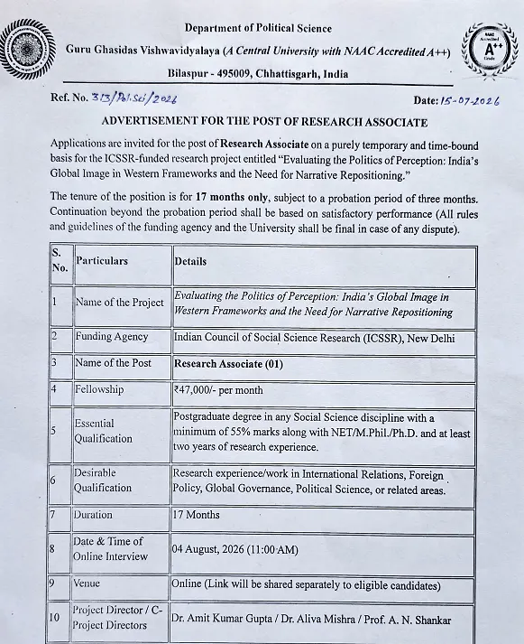 Guru Ghasidas Vishwavidyalaya Research Associate Recruitment 2026