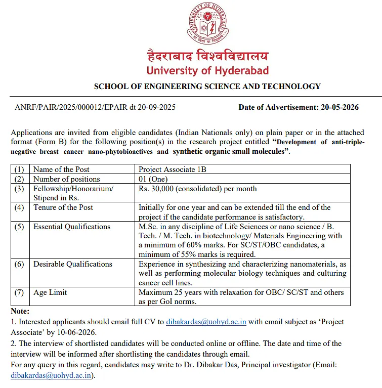 University of Hyderabad Project Associate Recruitment 2026
