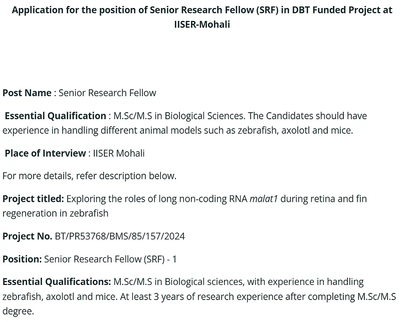 IISER Mohali Invites Applications for Senior Research Fellow (SRF) 