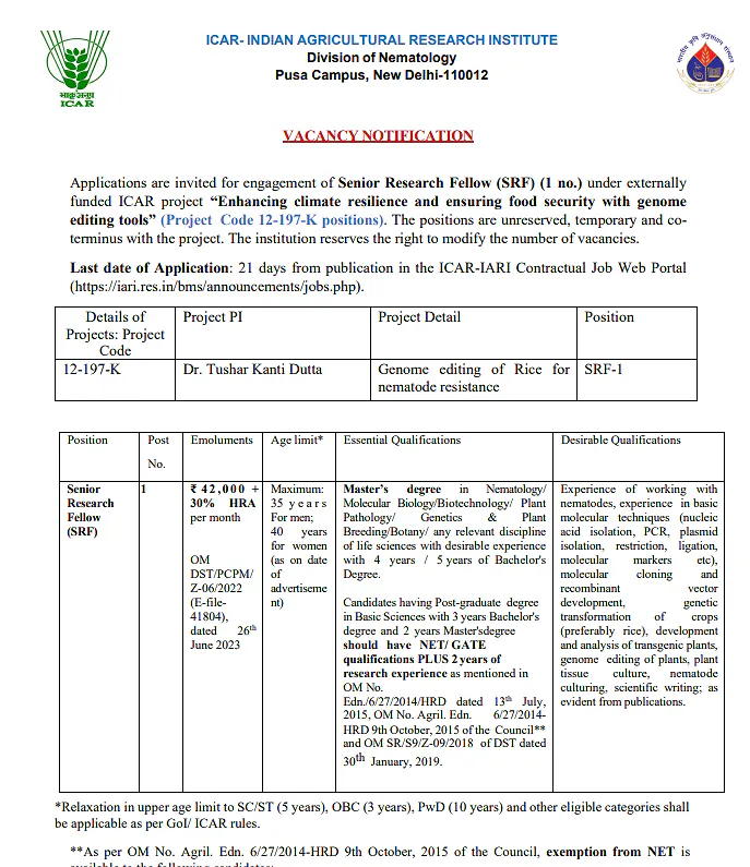 Senior Research Fellow (SRF) Recruitment 2026 at ICAR-IARI, New Delhi