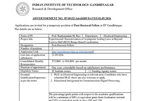 Post-Doctoral Fellow Recruitment 2026 at IIT Gandhinagar – Electrical Engineering Research Project