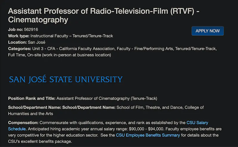 Faculty Opportunity: Assistant Professor of Cinematography – San José State University