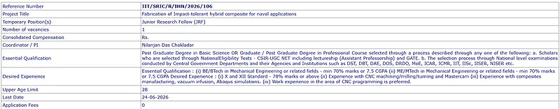 IIT Kharagpur Recruitment 2026: Applications Invited for Junior Research Fellow (JRF) Position