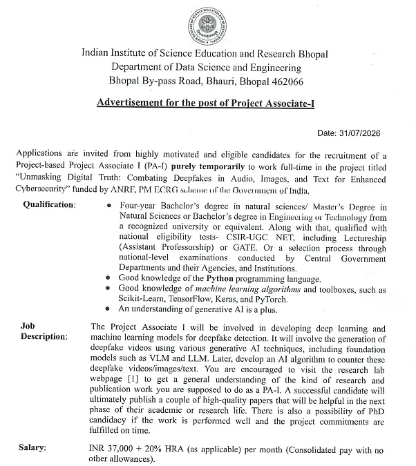 IISER Bhopal Recruitment 2026: Project Associate-I Position