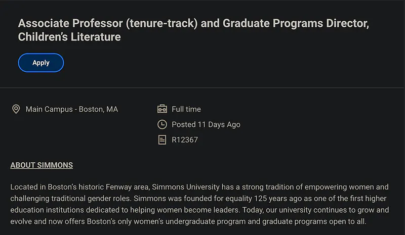 Faculty Opportunity: Associate Professor & Graduate Programs Director, Children’s Literature – Simmons University