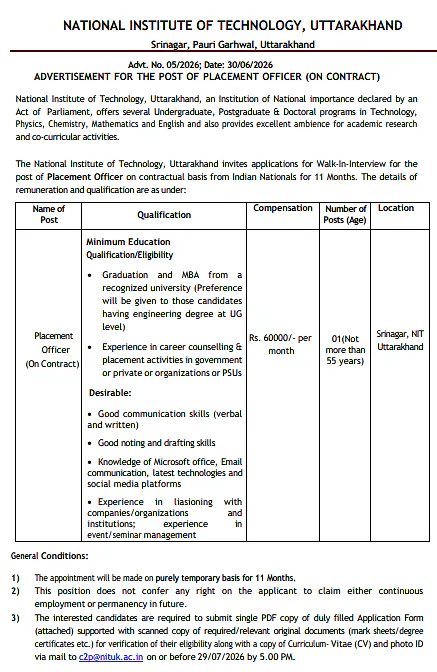 Placement Officer Recruitment 2026 at NIT Uttarakhand