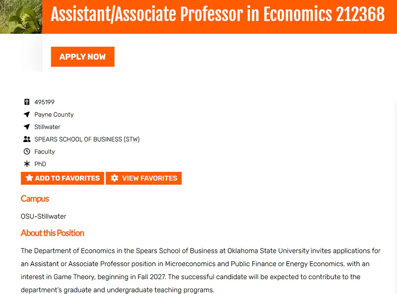 Assistant/Associate Professor in Economics – Oklahoma State University