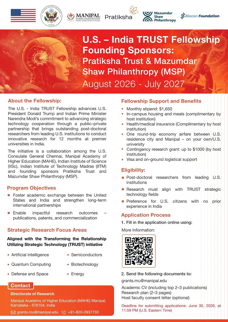 U.S.-India TRUST Fellowship 2026–27 Applications Open at MAHE