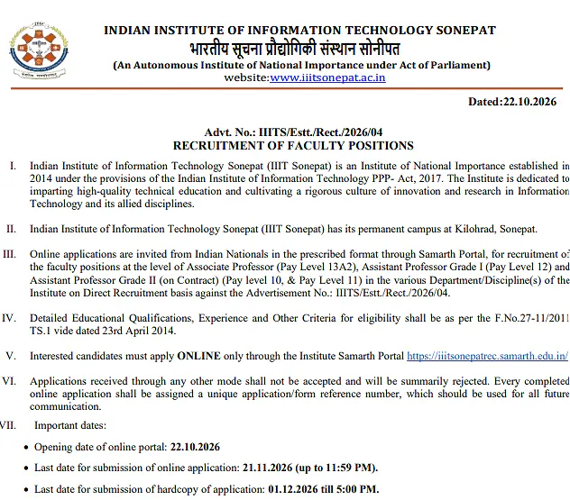 IIIT Sonepat Faculty Recruitment 2026 – Associate Professor & Assistant Professor Positions