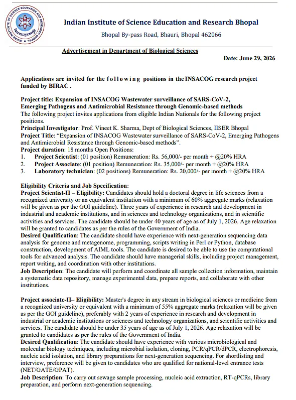 IISER Bhopal Recruitment 2026: Project Scientist-II, Project Associate-II
