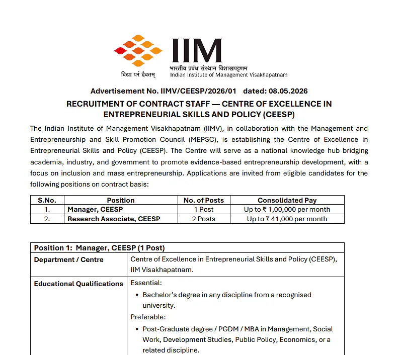 Staff Recruitment 2026: IIM Visakhapatnam