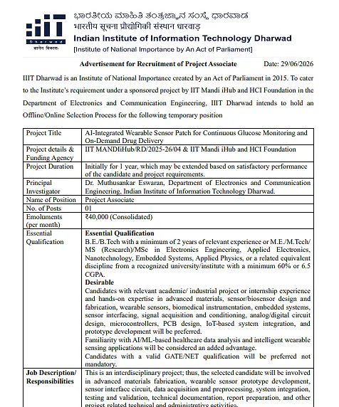 IIIT Dharwad Recruitment 2026: Project Associate Position in Wearable Sensor Research