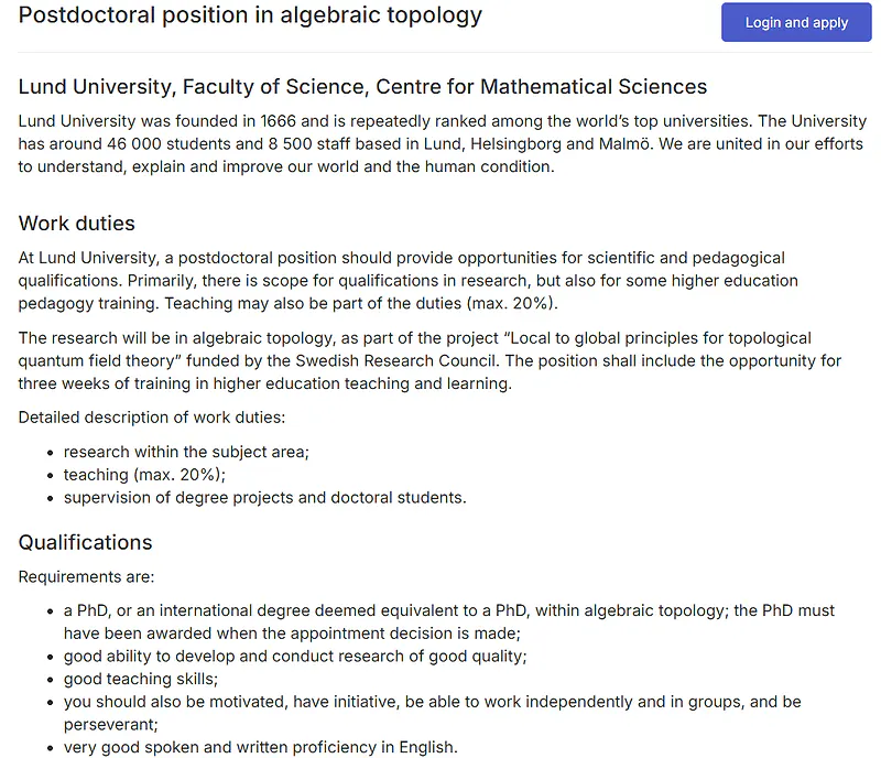 Lund University Recruitment 2026: Apply for Postdoctoral Position in Algebraic Topology