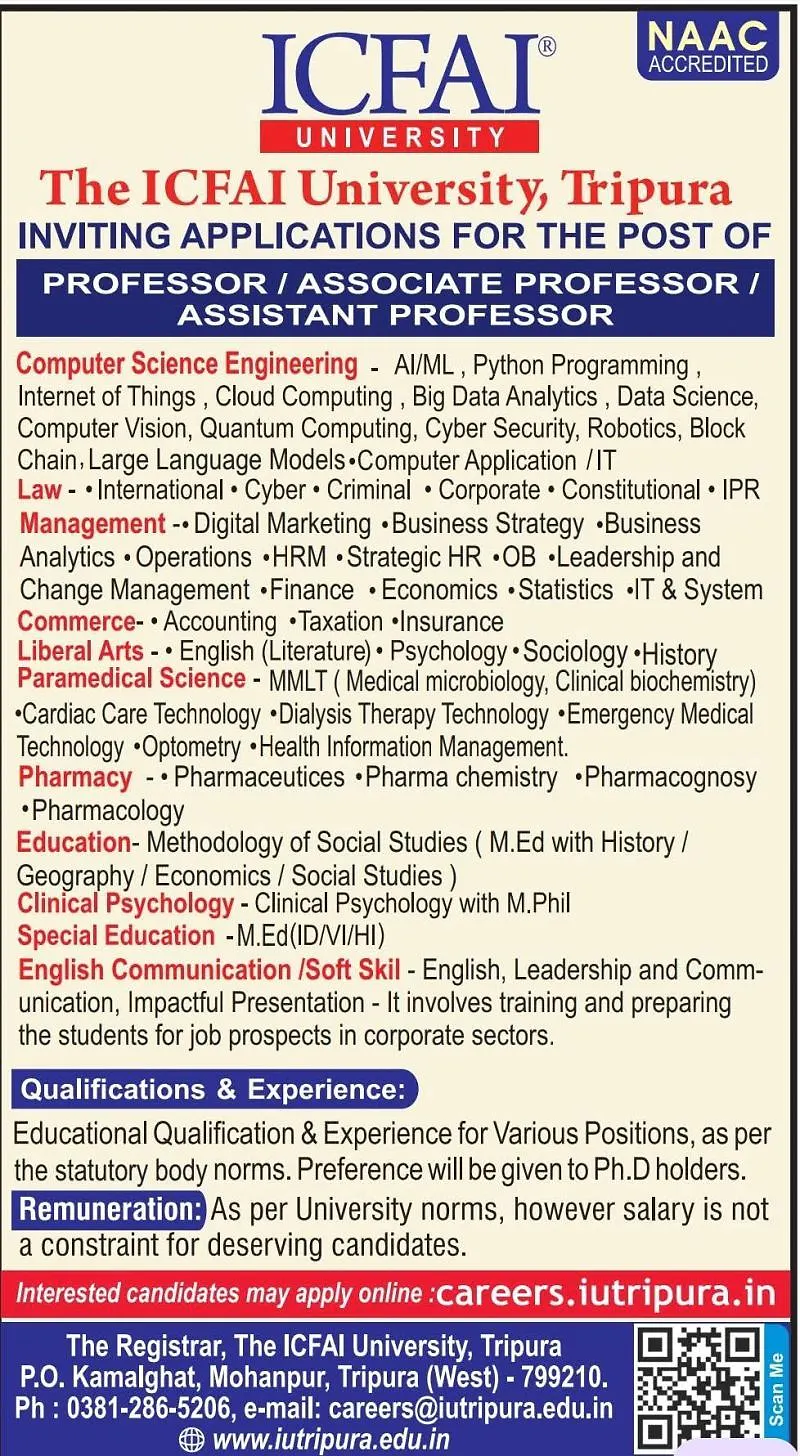 Faculty Recruitment 2026: The ICFAI University, Tripura