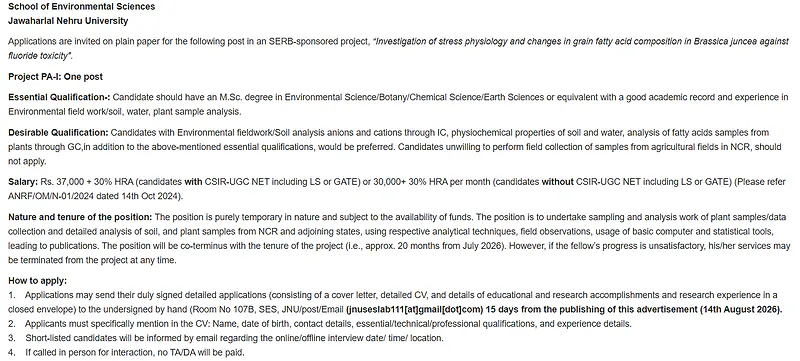 JNU Project Associate-I Recruitment 2026
