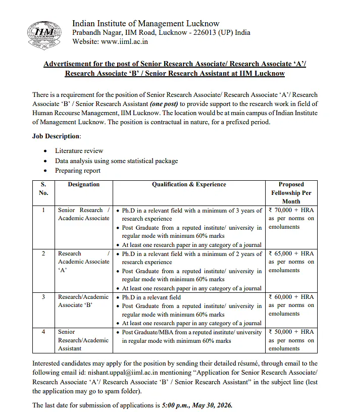 IIM Lucknow Recruitment 2026