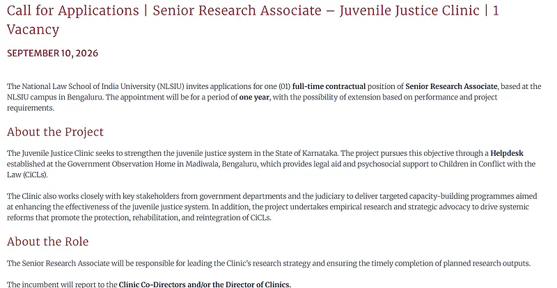 Senior Research Associate Recruitment 2026 at NLSIU – Juvenile Justice Clinic