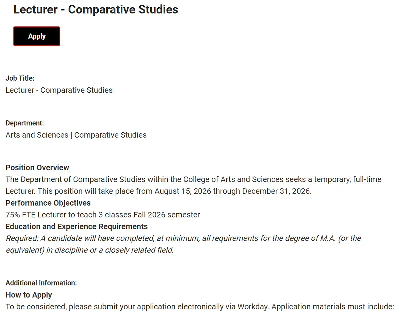 Lecturer Recruitment 2026 in Comparative Studies