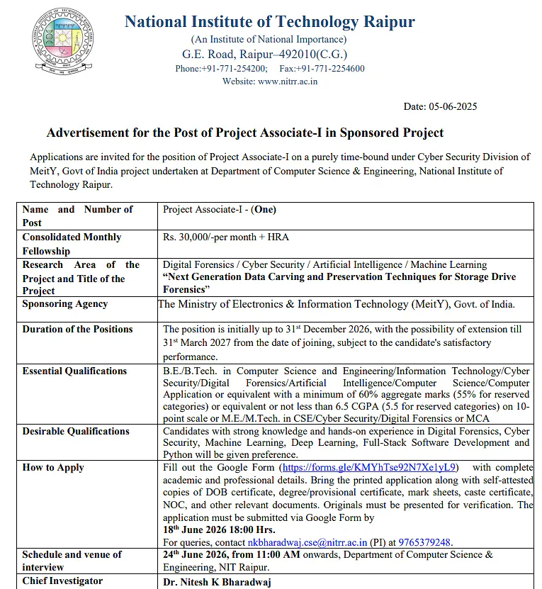 Project Associate-I Recruitment 2026 at NIT Raipur | Cyber Security Division, MeitY Sponsored Project