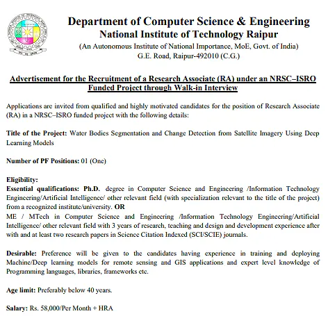 NIT Raipur Research Associate Recruitment 2026