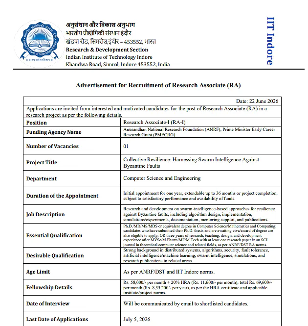 IIT Indore Recruitment 2026 | Research Associate-I (RA-I) under ANRF PMECRG Project