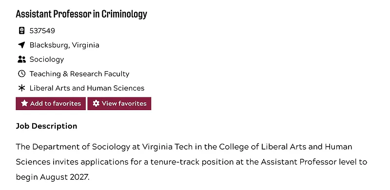 Assistant Professor in Criminology – Virginia Tech
