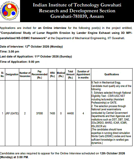 IIT Guwahati JRF Recruitment 2026 – 2 Junior Research Fellow (GATE) Positions in Mechanical Engineering