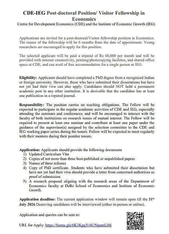 CDE-IEG Postdoctoral / Visitor Fellowship in Economics 2026 | Institute of Economic Growth