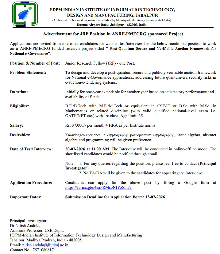 PDPM IIITDM Jabalpur Recruitment 2026 | Junior Research Fellow (JRF) under ANRF-PMECRG Project