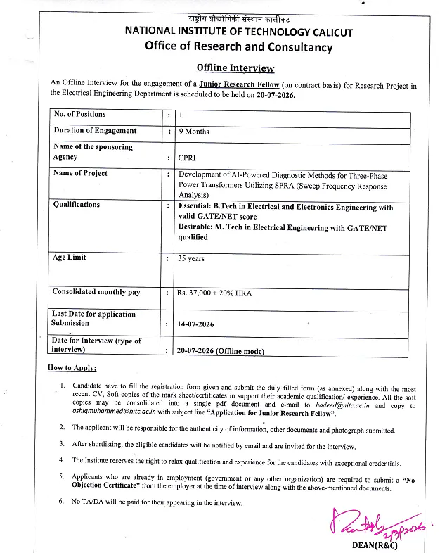 NIT Calicut Invites Applications for Junior Research Fellow (JRF) Position in Electrical Engineering