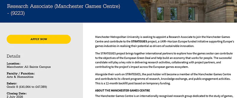 Manchester Metropolitan University Recruitment 2026: Research Associate (Manchester Games Centre)