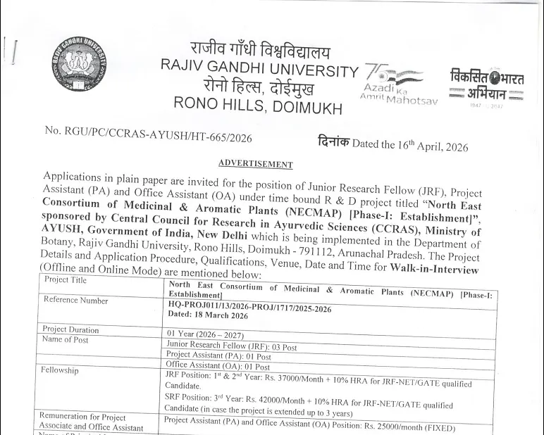 Walk-In-Interview 2026: Project Vacancies at Rajiv Gandhi University (RGU)
