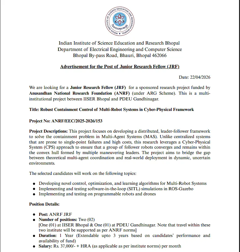 JRF Recruitment 2026 – IISER Bhopal (ANRF Project)