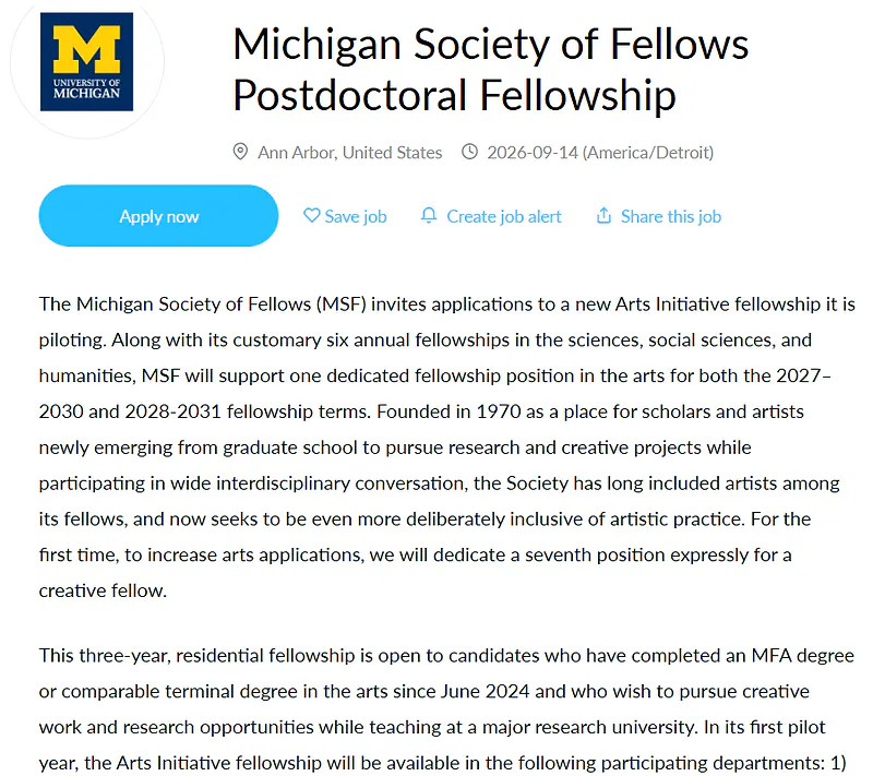 University of Michigan Recruitment 2027: Michigan Society of Fellows Postdoctoral Fellowship 