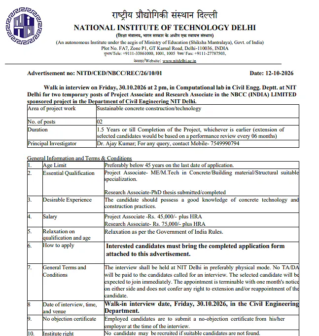 NIT Delhi Recruitment 2026 – Project Associate & Research Associate | Walk-in Interview