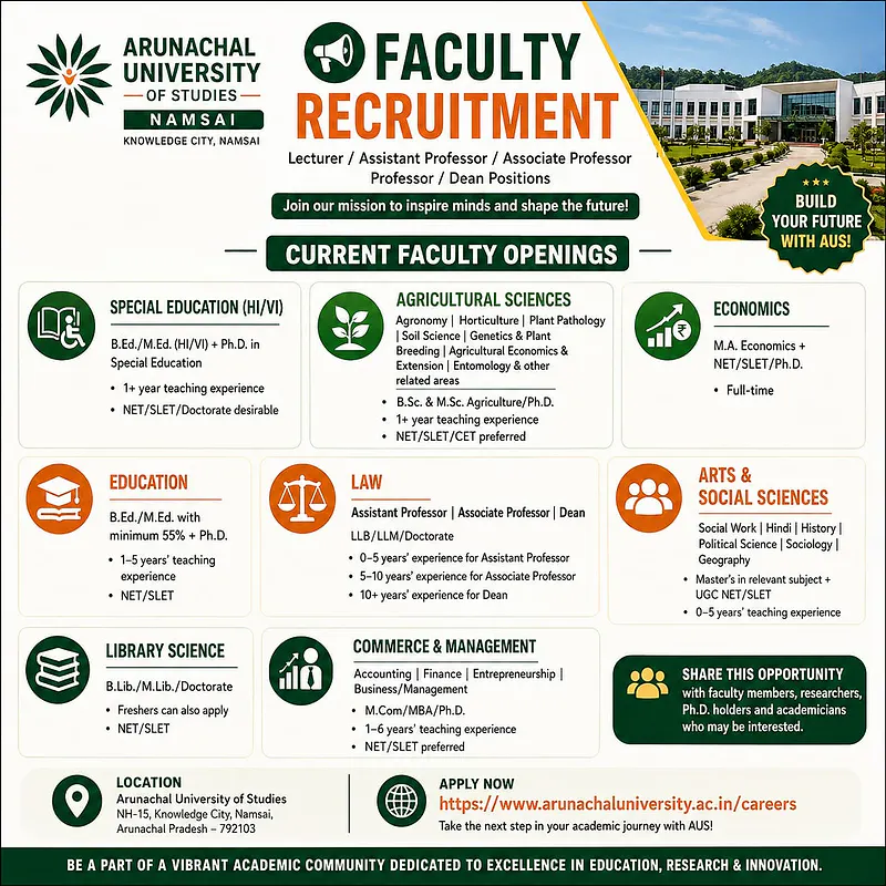Faculty Recruitment: Multiple Academic Positions – Arunachal University of Studies (AUS)