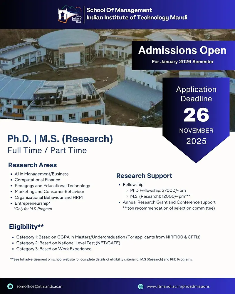 Admissions Open – Ph.D. & M.S. (Research) Programmes at IIT Mandi (January 2026 Semester)