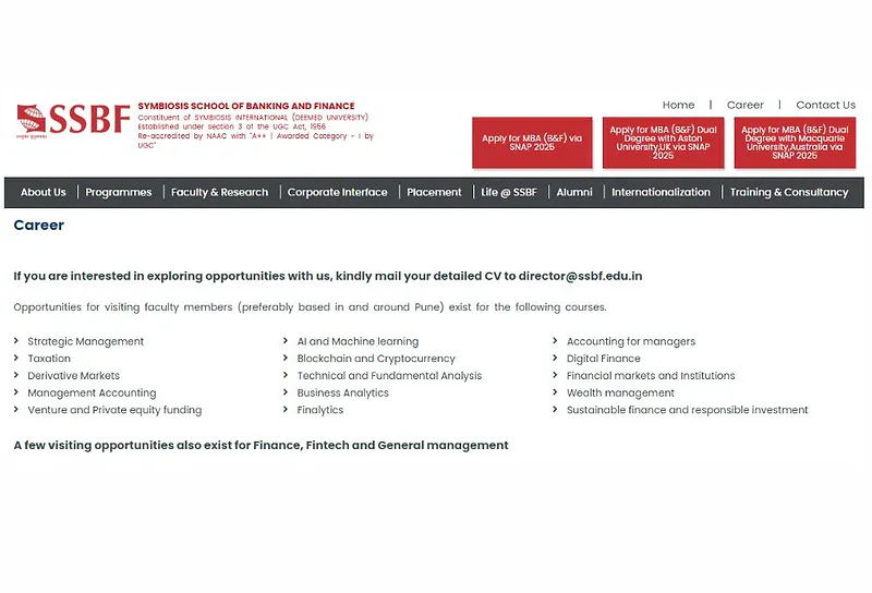 Visiting Faculty Recruitment – Symbiosis School of Banking & Finance (SSBF), Pune