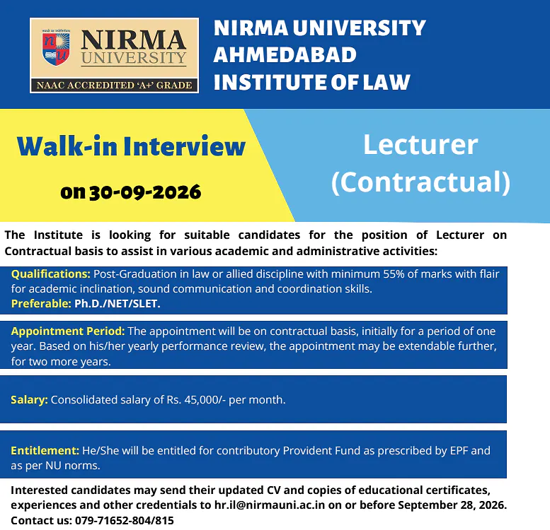 Lecturer (Contractual) Recruitment 2026 – Institute of Law, Nirma University