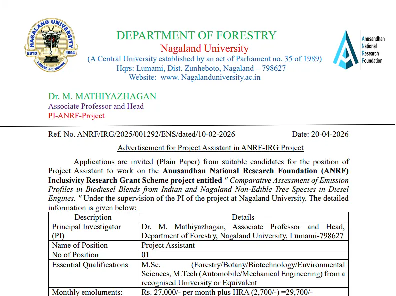 Research Recruitment 2026: Nagaland University
