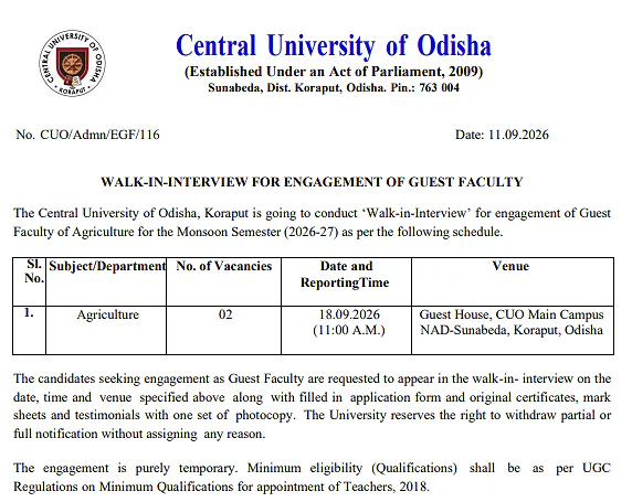 Central University of Odisha Guest Faculty Recruitment 2026 – Walk-in Interview