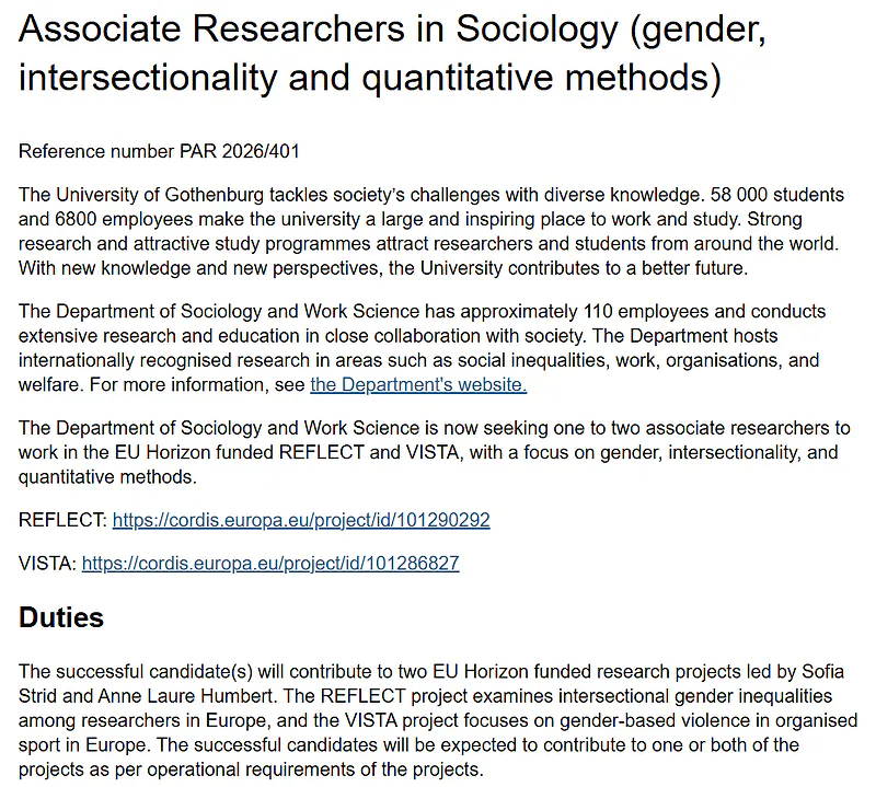 University of Gothenburg Recruitment 2026 | Associate Researchers in Sociology (Gender, Intersectionality & Quantitative Methods)