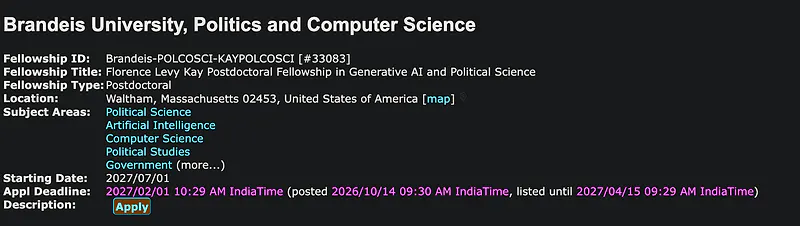 Postdoctoral Fellowship Opportunity: Florence Levy Kay Postdoctoral Fellowship in Generative AI and Political Science – Brandeis University