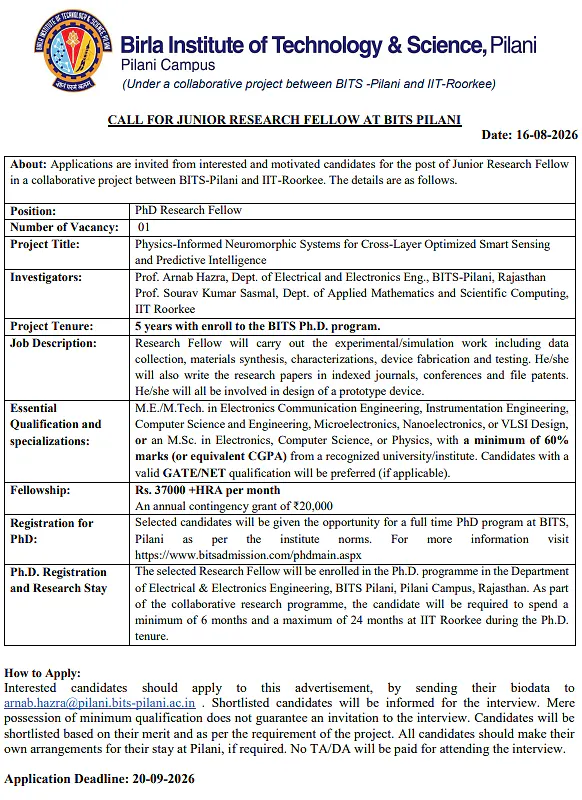 Junior Research Fellow Recruitment 2026 at BITS Pilani – Collaborative Project with IIT Roorkee