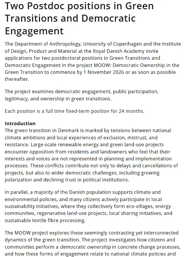 University of Copenhagen Recruitment 2026: Two Postdoctoral Positions in Green Transitions and Democratic Engagement | Apply Now