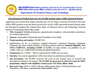NIT Patna Project Associate / Junior Research Fellow Recruitment 2026 – Chemical Science and Technology
